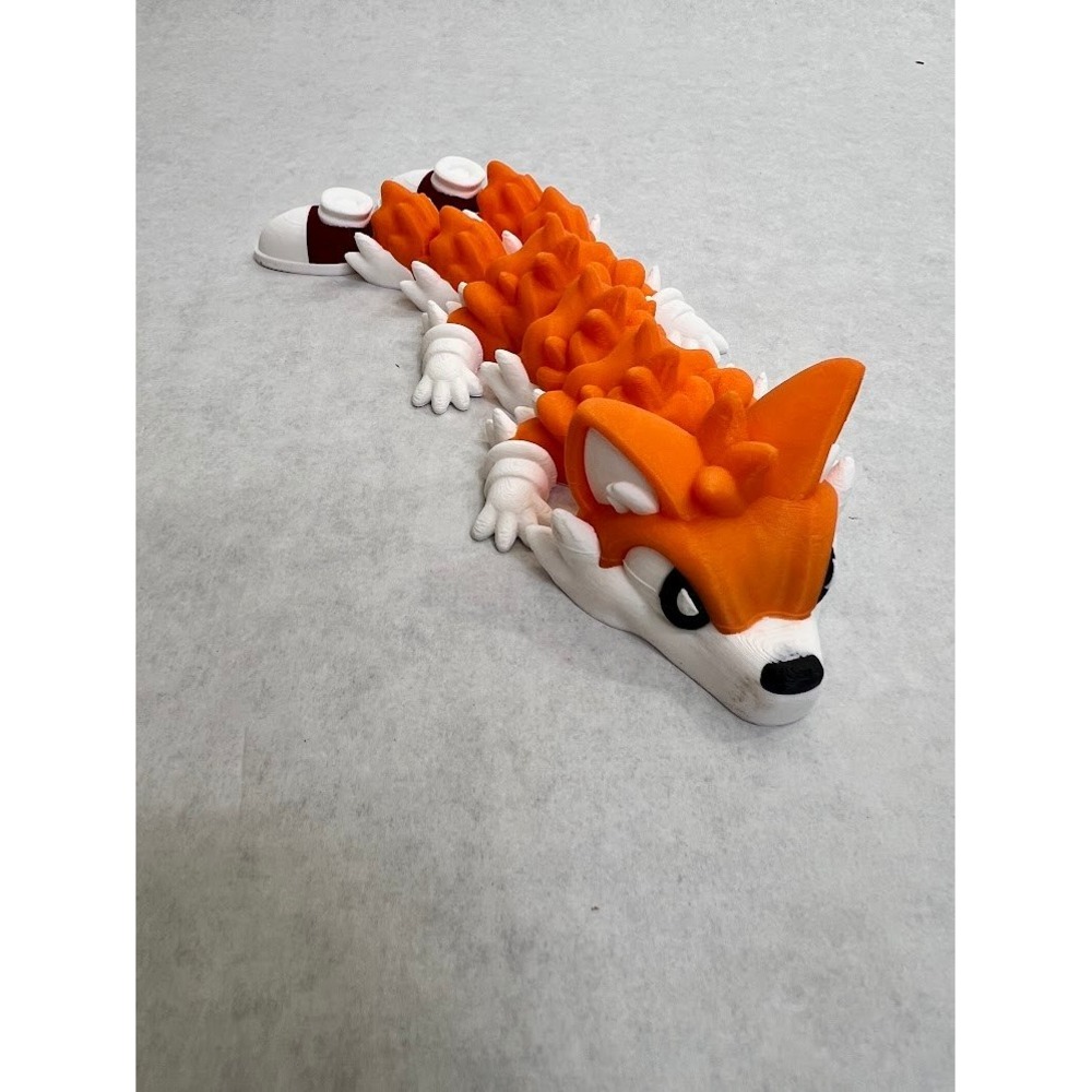 3D Printed Articulated Two Tailed Fox Figure Orange White Fidget Toy 7 Inch